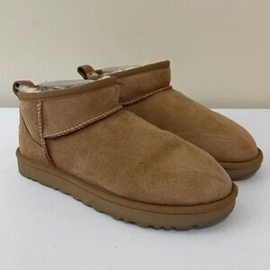 UGG Classic Ultra Mini Ankle Boots Chestnut Brown Suede Leather Womens 7 116109